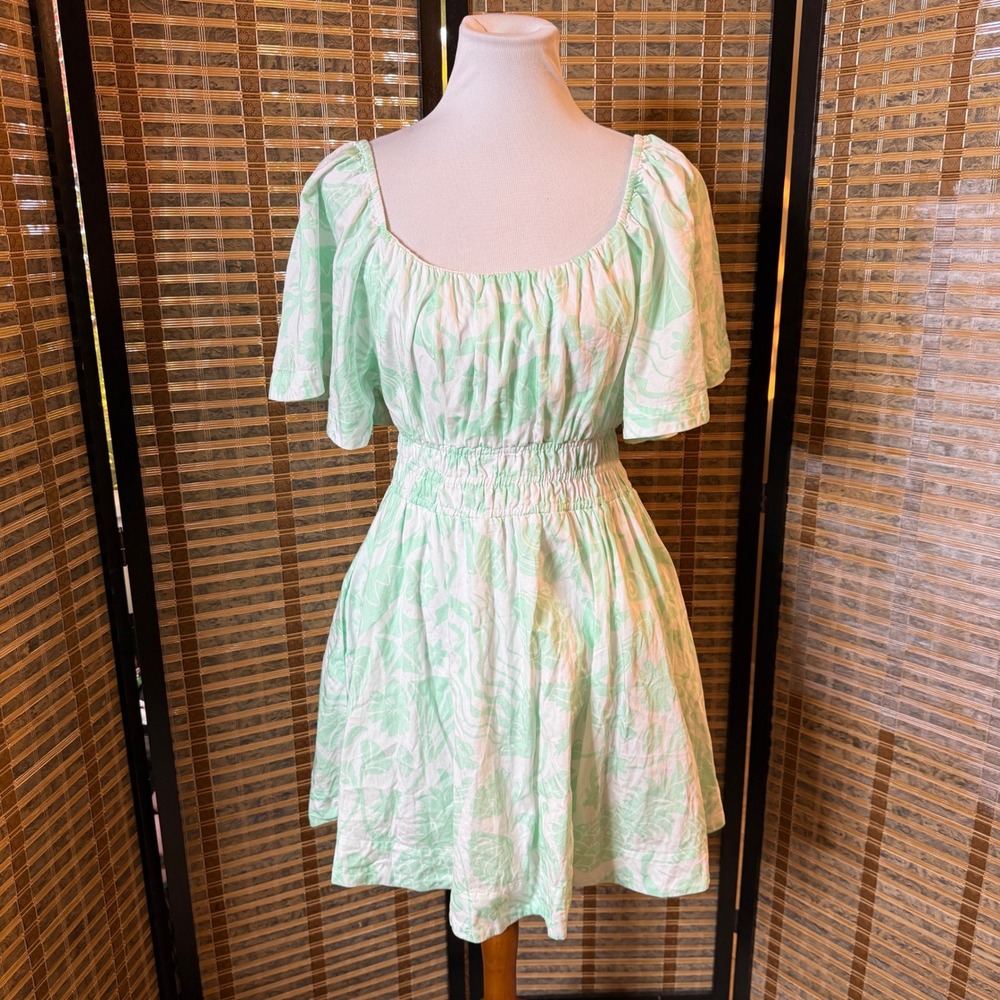 Cake For Dinner Mini Dress Womens Medium Green Floral Smocked Waist Pockets